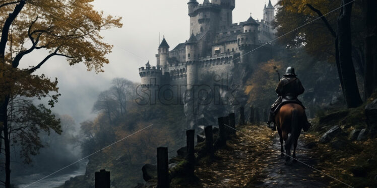 A knight riding towards a castle in the mountains - Starpik Stock