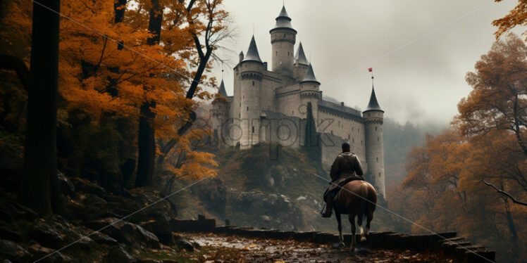 A knight riding towards a castle in the mountains - Starpik Stock