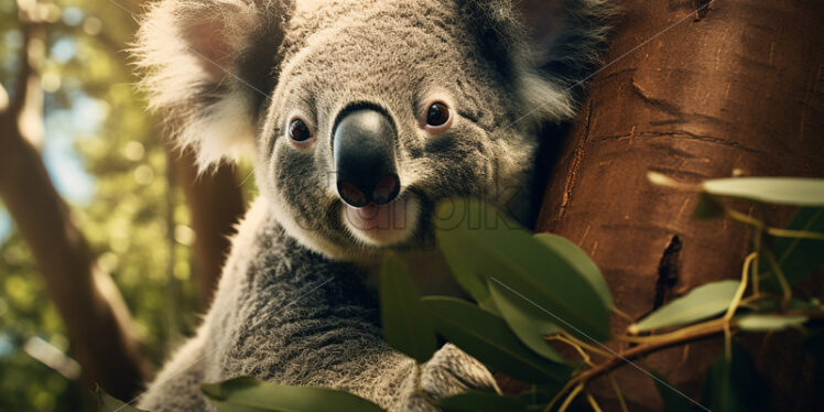 A koala bear eating eucalyptus on a tree - Starpik Stock