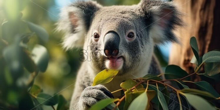 A koala bear eating eucalyptus on a tree - Starpik Stock