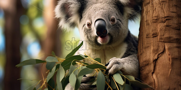 A koala bear eating eucalyptus on a tree - Starpik Stock