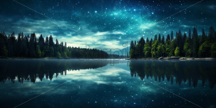 A lake in the forest in which the starry sky is reflected - Starpik Stock