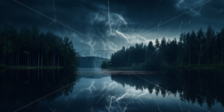 A lake in the forest on which lightning is reflected - Starpik Stock