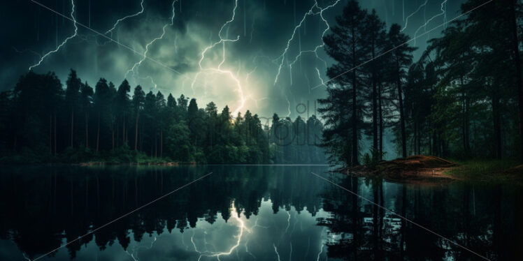 A lake in the forest on which lightning is reflected - Starpik Stock