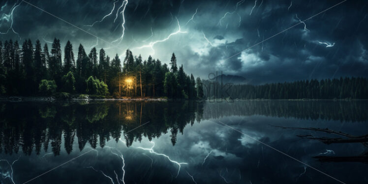 A lake in the forest on which lightning is reflected - Starpik Stock