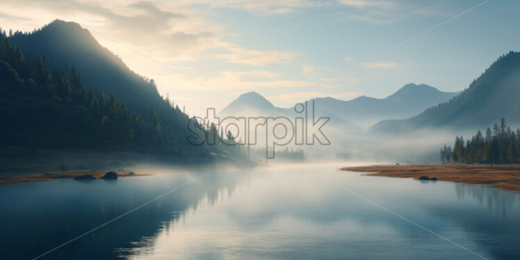 A lake in the mountains in the morning - Starpik Stock