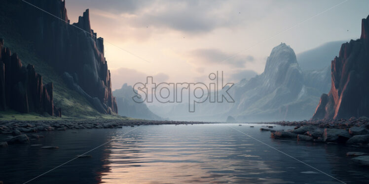 A lake surrounded by steep cliffs - Starpik Stock