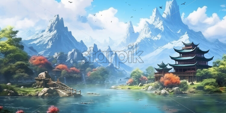 A landscape from ancient China, illustration - Starpik Stock