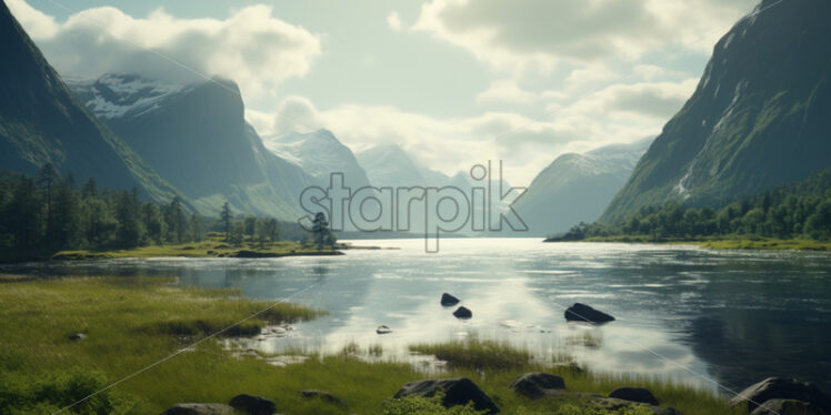 A landscape of a fjord with a small stream - Starpik Stock