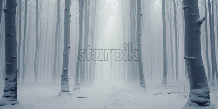 A landscape of a forest in winter with fog in the background - Starpik Stock