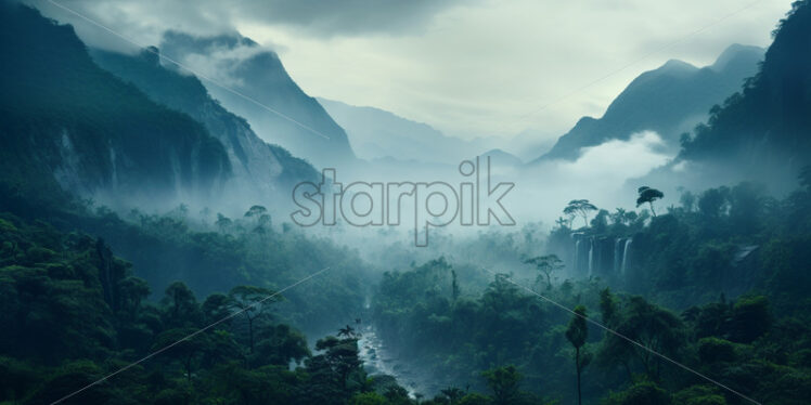 A landscape of a jungle in the fog - Starpik Stock