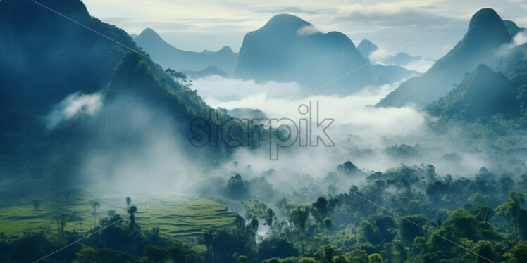 A landscape of a jungle in the fog - Starpik Stock