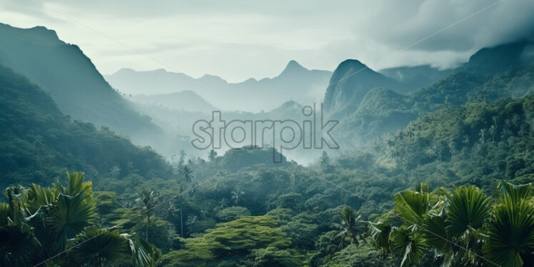 A landscape of a jungle in the fog - Starpik Stock