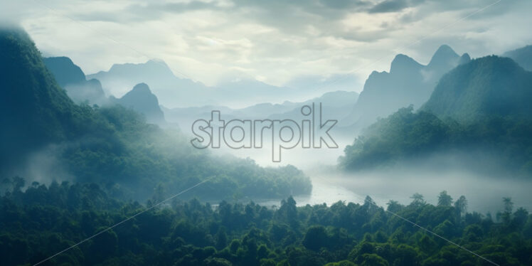 A landscape of a jungle in the fog - Starpik Stock