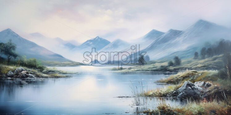 A landscape of a mountain river painted in oil - Starpik Stock