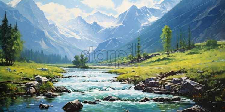 A landscape of a mountain river painted in oil - Starpik Stock