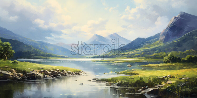 A landscape of a mountain river painted in oil - Starpik Stock