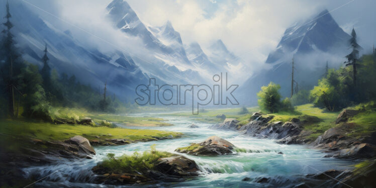 A landscape of a mountain river painted in oil - Starpik Stock