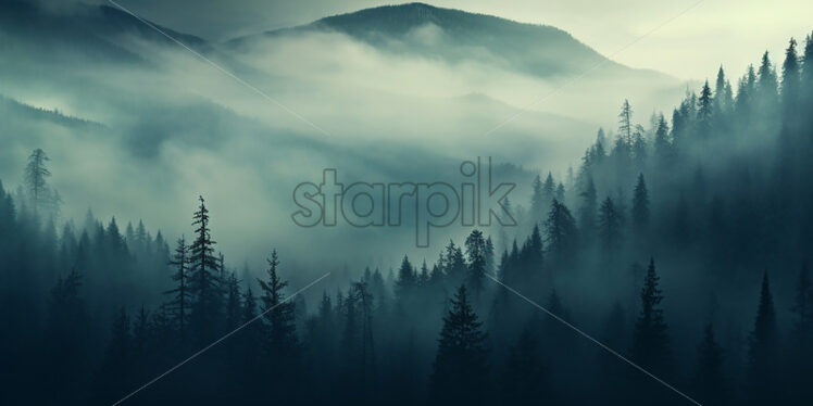 A landscape of forested mountains, full of fog - Starpik Stock