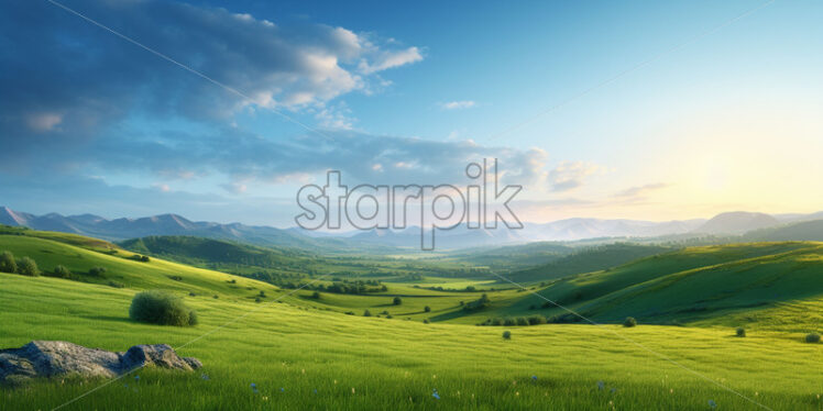 A landscape with green grass and many hills - Starpik Stock