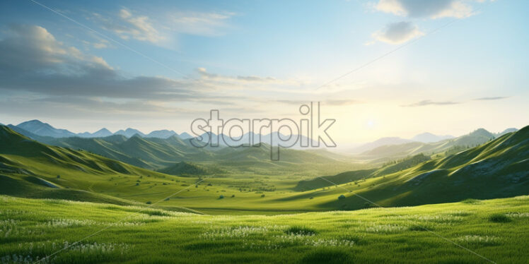 A landscape with green grass and many hills - Starpik Stock