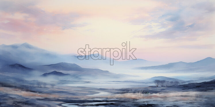 A landscape with hills, created in watercolor - Starpik Stock