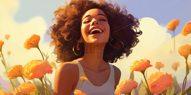 A laughing girl in a field of yellow flowers, vector illustration - Starpik Stock