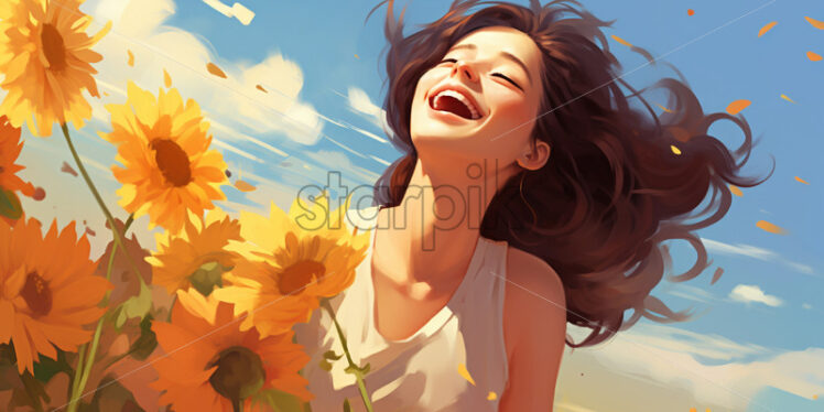 A laughing girl in a field of yellow flowers, vector illustration - Starpik Stock