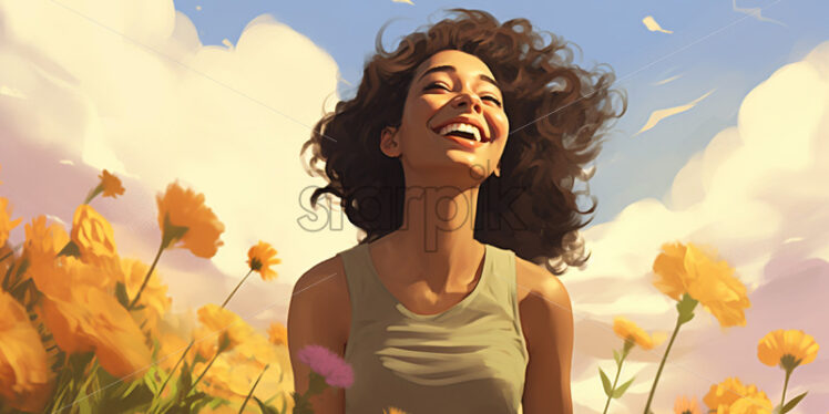 A laughing girl in a field of yellow flowers, vector illustration - Starpik Stock