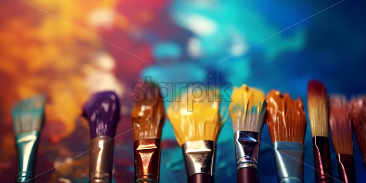 A line of dirty brushes on a colorful background - Starpik Stock