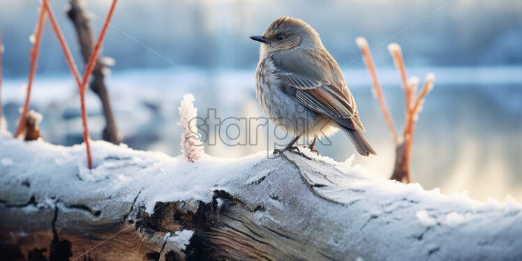 A little bird on a tree trunk, a frozen lake in the background, winter atmosphere - Starpik Stock