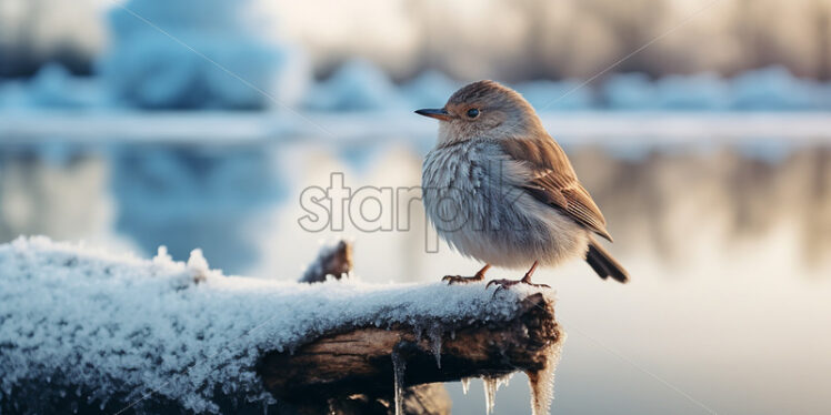 A little bird on a tree trunk, a frozen lake in the background, winter atmosphere - Starpik Stock