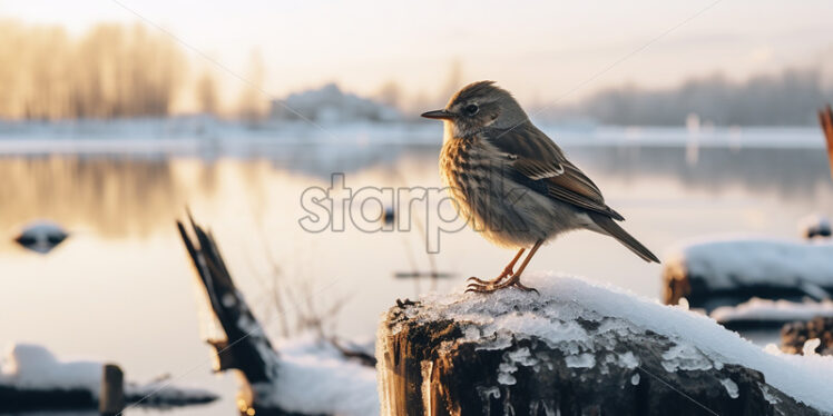 A little bird on a tree trunk, a frozen lake in the background, winter atmosphere - Starpik Stock