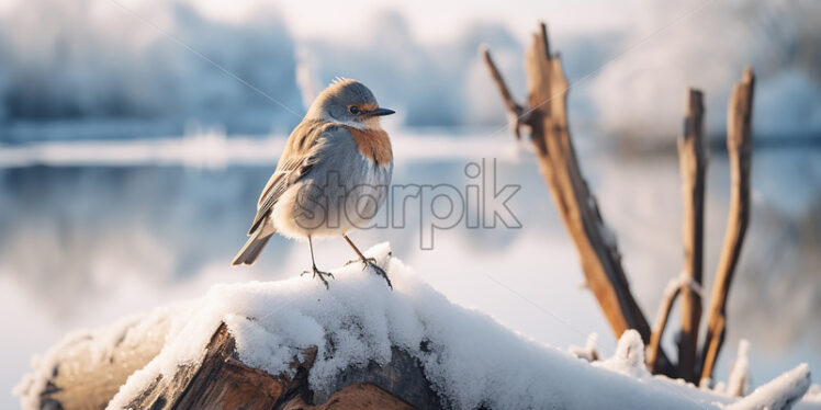 A little bird on a tree trunk, a frozen lake in the background, winter atmosphere - Starpik Stock