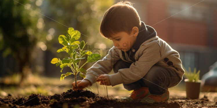 A little boy planting a tree portrait - Starpik Stock