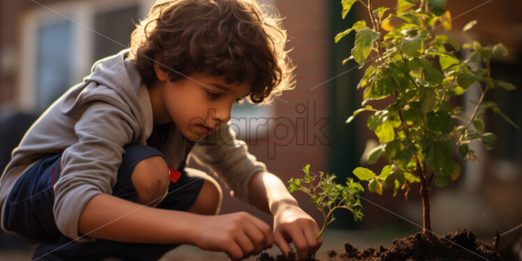 A little boy planting a tree portrait - Starpik Stock