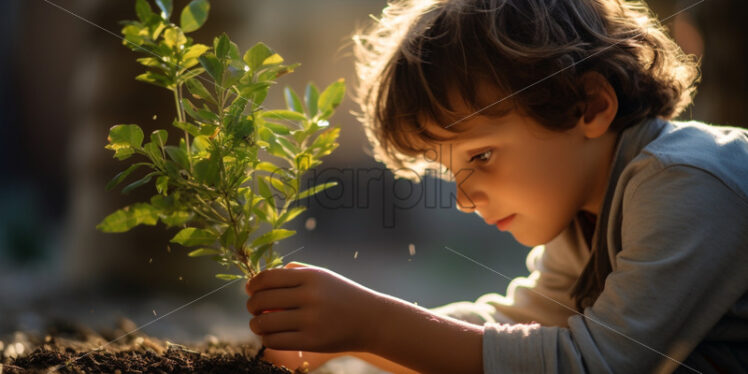 A little boy planting a tree portrait - Starpik Stock