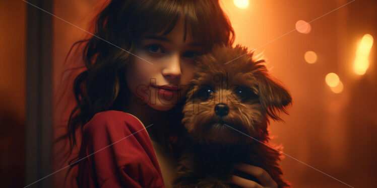 A little girl holds a puppy in her hand - Starpik Stock