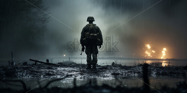 A lone soldier, at night, in the rain - Starpik Stock