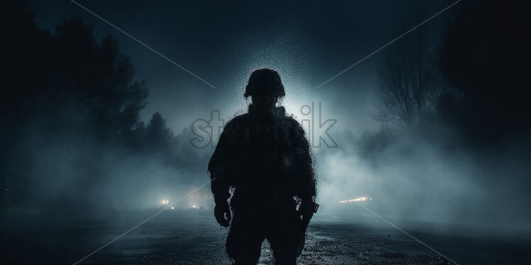 A lone soldier, at night, in the rain - Starpik Stock