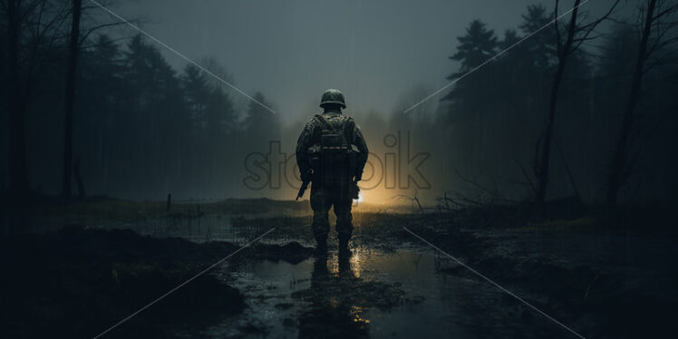 A lone soldier, at night, in the rain - Starpik Stock