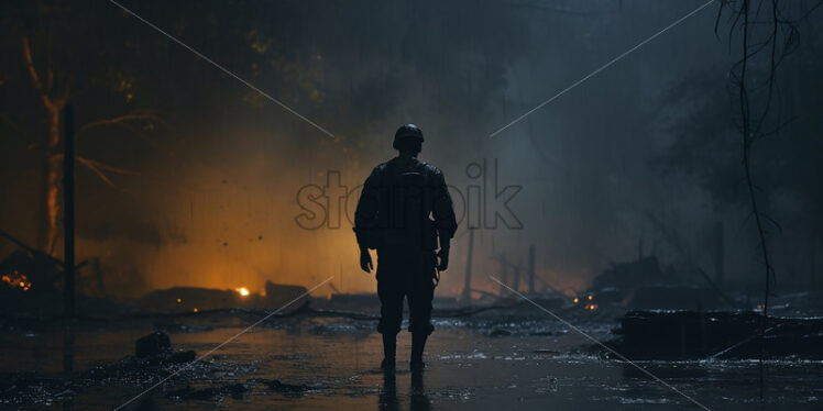 A lone soldier, at night, in the rain - Starpik Stock