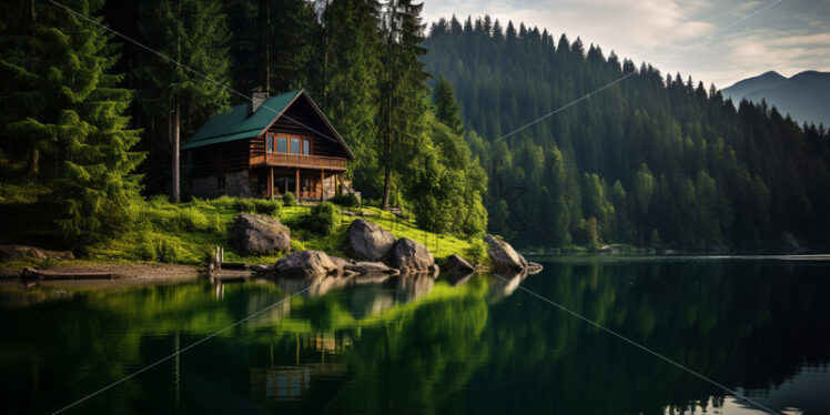 A lonely house on the shore of a lake in the forest - Starpik Stock