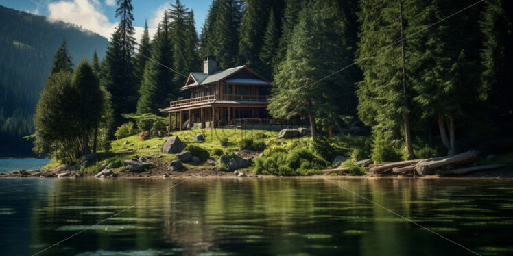 A lonely house on the shore of a lake in the forest - Starpik Stock