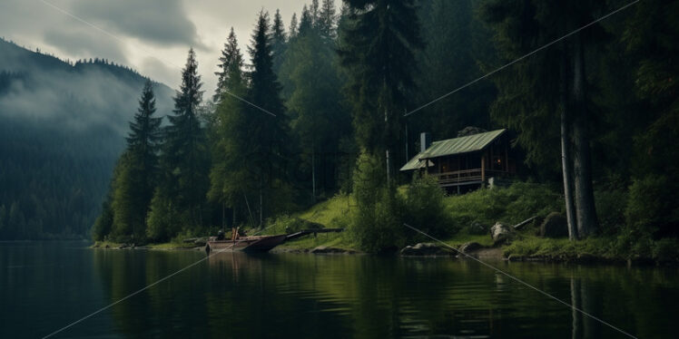 A lonely house on the shore of a lake in the forest - Starpik Stock