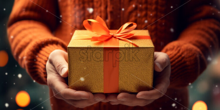 A man holding a giftbox wearing a warm sweater winters holidays - Starpik