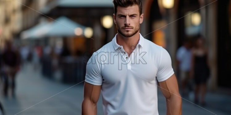 A man in a white polo shirt on the street - Starpik Stock