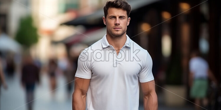 A man in a white polo shirt on the street - Starpik Stock