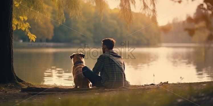 A man sits with his dog on the edge of a lake - Starpik Stock