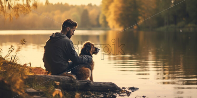 A man sits with his dog on the edge of a lake - Starpik Stock